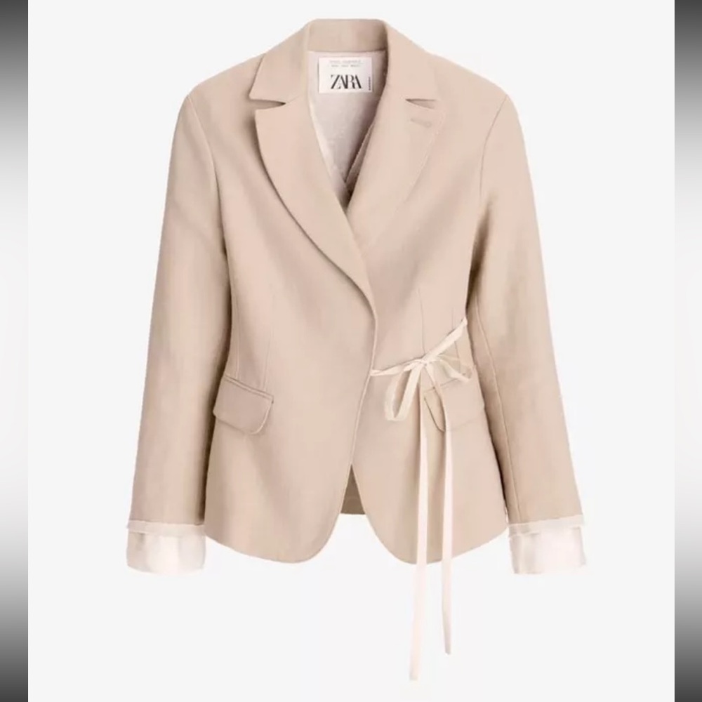 Zara Limited Edition Collection Wide Lapel Jacket Wrap Tie Blazer Beige M NEW